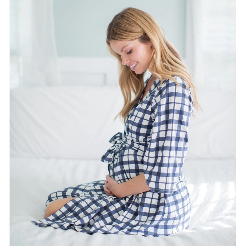 BABY BE MINE navy blue / white gingham pregnancy / postpartum robe S/M NEW